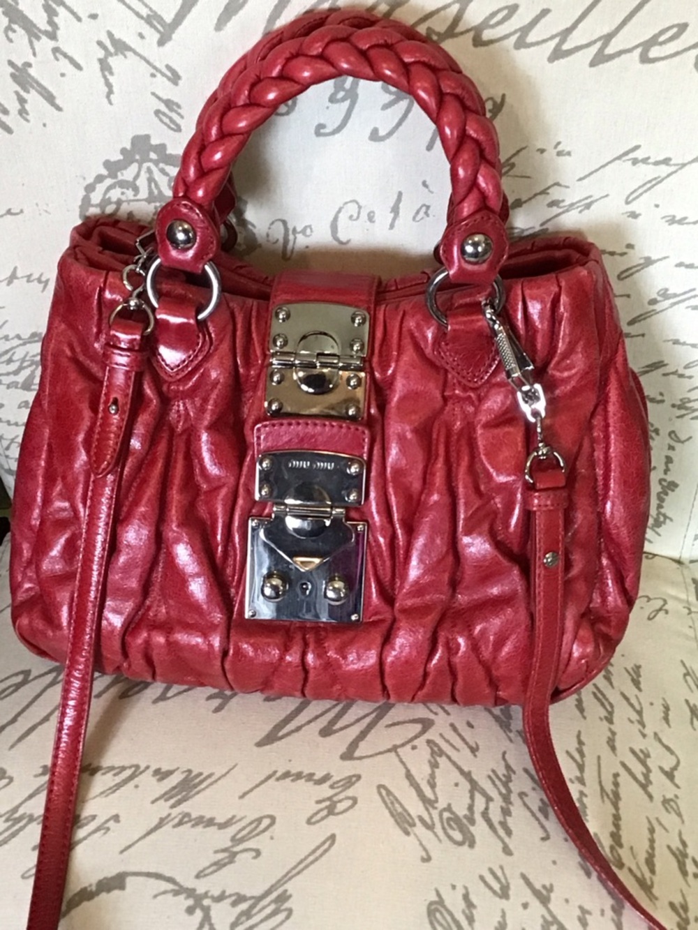 Miu Miu Red Quilted Braided-Handle Women's Satchel